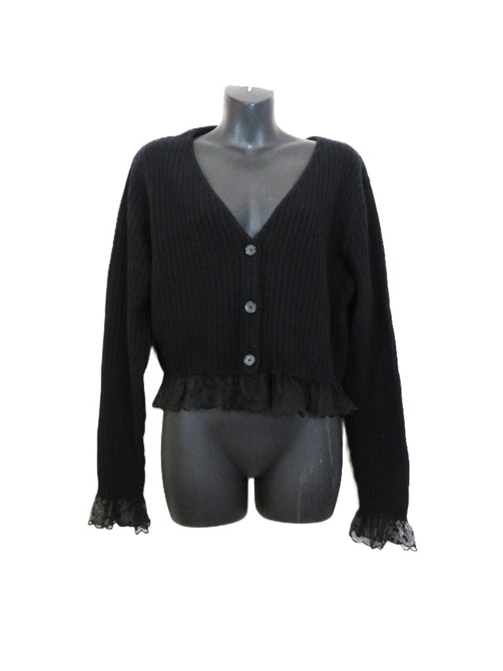 The Kooples size Large Merino Wool Cardigan Ruffle Polka Dot Black NEW